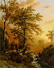 Barend Cornelis Koekkoek Famous Paintings - A traveller and a herdsman in a mountainous landscape